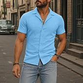 cheap Men's Smart Casual Shirts-Men Shirt Casual Shirt Button Up Shirt Jacquard Shirt Black White Burgundy Navy Blue Apricot Short Sleeve Plain Cuban Collar Casual Daily Front Pocket Clothing Apparel Elegant Fashion Casual