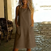 cheap Plain Dress-Women's Vintage Vacation Plain Sleeveless Crew Neck Knee Length Dress Loose Fit dark brown Black Dark Red Navy Blue Spring