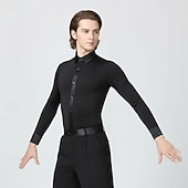 abordables Hauts &amp; Ensembles-Chemise noire de danse latine pour homme - Haut de scène à manches longues et coupe ajustée - Détails en satin - Costume salsa/tango/cha-cha