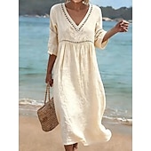 cheap Plain Dress-Women's Long Dress Maxi Dress Sundress Elegant Vacation Beach Holiday Loose Fit Solid Color Half Sleeve V Neck Light Blue Denim Blue turmeric off white Summer Spring