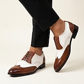 cheap Classic Dress Shoes-Men's Two-Tone Wingtip Oxford Dress Shoes, Brown &amp; White Brogue Leather Formal Shoes for Business Men, Wedding, Party, Banquet and Office Wear