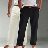 baratos Clássico-Homens Calças de linho Calças Calça verão Calças largas Calças de praia Bolsos Tecido Conforto Respirável Comprimento total Casual Diário Ao ar livre Moda Negócio Bege + preto Branco+Azul Marinho Sem