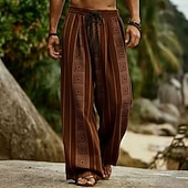cheap Geometric Pants-Men's Geometric Striped Bohemian Trousers Pants Trousers Baggy Pants Mid Waist Ethnic Outdoor Vacation Dailywear Drawstring Elastic Waist Wide Leg Summer Spring 3D Print Blue White Brown