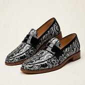 economico Scarpe Dichiarazione-mocassini da uomo neri con stampa paisley, scarpe eleganti slip-on di tendenza con cinturino lucido, calzature da gentiluomo per matrimoni, banchetti, feste e occasioni speciali.