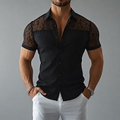 お買い得  Camisas casuais inteligentes masculinas-Men Shirt Casual Shirt Button Up Shirt Jacquard Shirt Black Short Sleeve Plain Shirt Collar Casual Daily Lace Clothing Apparel Elegant Fashion Casual