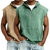 economico Canotte da palestra-softfade™ canotta da uomo 2 pezzi top gilet top in denim camicia lavaggio acido senza maniche cappuccio zip estate primavera semplice capo basic tinto cappuccio casual vacanza strada nero kaki top