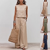 preiswerte Sets-Damen Baumwoll-Leinen-Sets Ärmellos Rundhals Einfach Marineblau Kaki Militßrgrün Sommer Lässiger Schnitt