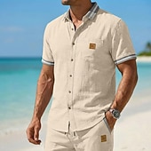  Herren Hemd Leinenhemd Sommerhemd Strandhemd Einfach Lässig Täglich Blau Schwarz Marineblau Khaki Kurzarm Kragen Sommer Frühling Bekleidung Patchwork