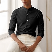 baratos Camisas masculinas de negócios-Homens Camisa Social Saia camisa de botão Tecido Casual Diário Azul Claro Preto Branco Verde Escuro Manga Longa colarinho do vovô Primavera Outono Roupa