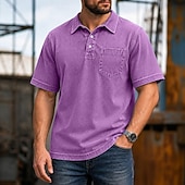 abordables Polo classique pour homme-SoftFade™ Men's Polo Shirts 100% Cotton Acid Wash Shirt Casual Holiday Lapel Short Sleeve Fashion Basic Plain Pocket Distressed Summer Spring All Seasons Dark Brown Black Light Green Pink Navy Blue
