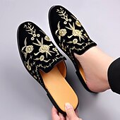 Недорогие Мужские клоги и мюли-Мужские черные мюли-лоферы с вышивкой, туфли без шнурков, роскошная, эффектная обувь для стильных мужчин, свадеб, банкетов, вечеринок, выпускных и вечерних мероприятий.