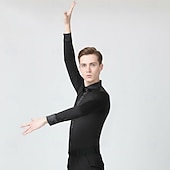 abordables Hauts &amp; Ensembles-Chemise noire de danse latine pour homme - Haut de scène à manches longues et coupe ajustée - Détails en satin - Costume salsa/tango/cha-cha