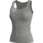baratos Tanque Simples-Mulheres Top de emenda de renda Tanque Estriado Côr Sólida à moda Sem Manga Correias Decote V Tops regulares Casual Esportes Para Noite Preto Branco Cinzento Verão
