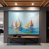cheap Oil Paintings-Hand-Painted Abstract Landscape Oil Painting Colorful Sailboat Modern Minimalist Wall Decor for Living Room Entryway Dining Room