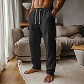 cheap Home-Men's Linen Pants Trousers Summer Pants Baggy Pants Drawstring Elastic Waist Straight Leg Plain Comfort Breathable Knee Length Casual Daily Holiday Fashion Classic Style Black White Inelastic