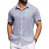 cheap Men's Smart Casual Shirts-Men's Shirt Ribbed Knitted Casual Shirt Button Up Shirt Pink Navy Blue Green Light Blue Short Sleeve Vertical Stripes Shirt Collar Casual Daily Front Pocket Clothing Apparel Elegant Fashion Casual