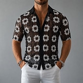billiga Smart Casual skjortor för män-Herr Skjorta Casual skjorta Knapp upp skjorta Jacquardskjorta Svart Kortärmad Slät Tröjkrage Ledigt Dagligen Hål Kläder Elegant Mode Ledigt
