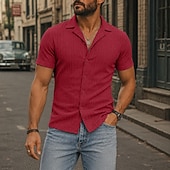 cheap Men's Smart Casual Shirts-Men Shirt Casual Shirt Button Up Shirt Jacquard Shirt Black White Burgundy Navy Blue Apricot Short Sleeve Plain Cuban Collar Casual Daily Front Pocket Clothing Apparel Elegant Fashion Casual