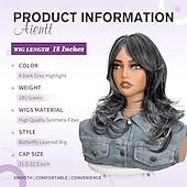 cheap Older Wigs-Short Dark Grey Mix Black Layered Wig with Curtain Bangs,Synthetic Gray Layered Wavy Middle Part Butterfly Wigs for Black White Women Daily Party Cosplay Costume 18Inch