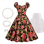 billige Outfits-Set 1950s Retro Vintage Rockabilly Tea Length Knee Length Dress Petticoat Tea Dress with Accessories Floral Fit &amp; Flare Swing Fancy Dress Women's Christmas Carnival New Year Revival Tea Party Adults'