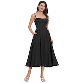 baratos Vestidos-Anos 50 Retro Vintage Até o Tornozelo Vestidos Vestido swing Alças Finas Côr Sólida Justo &amp; Evasê Balanço Fantasia Mulheres Dia dos namorados Festa de Chá Casual / Diário Adulto Vestido Verão