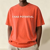  Camiseta masculina sarcástica "Eu tinha potencial" 100% algodão, lavagem ácida, tecido pesado, manga curta, estampa DTG, gola redonda, moda casual, férias, azul, preto, vermelho, primavera &vestuário