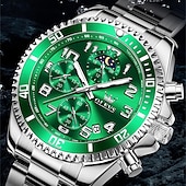 economico Orologi al quarzo-Orologio cronografo da uomo Olevs di lusso con quadrante verde, bicolore in acciaio inossidabile, fasi lunari, impermeabile, luminoso, analogico al quarzo, orologio da polso da uomo con quadrante