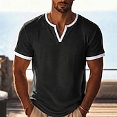 cheap Cotton Linen T-shirts-Men's Linen T-Shirt Short Sleeve V Neck Spring &amp; Summer Summer Spring Solid Color Plain Vintage Bohemian Casual Color Block Fake two piece Plain Casual Vacation Street Black Light Green Light Blue