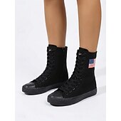  Witte, patriottische canvas sneakers voor dames met hoge schacht – veterschoenen met Amerikaanse vlag voor Onafhankelijkheidsdag en parades &casual streetwear