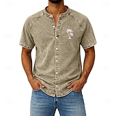 cheap Men's Smart Casual Shirts-Men's Shirt Casual Shirt Button Up Shirt Garment Dyed Acid Wash Shirt Light Green Pink khaki Gray Light Blue Short Sleeve Plain Grandad Collar Casual Daily Clothing Apparel Elegant Fashion Casual