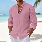economico Vacanza-Per uomo Camicia Camicia Estiva Abbigliamento da spiaggia Camicia con Bottoni Semplice Casuale Vacanza Blu Nero Bianco Rosa Manica Lunga Collo alla coreana Primavera &amp; Estate Estate Abbigliamento