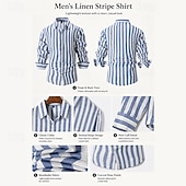 abordables Clásico-Camisa de lino a rayas para hombre – manga larga con botones para las vacaciones de verano