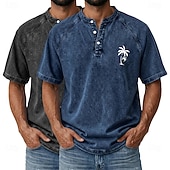 billige Casual Henley Tee-SoftFade™ Men's 2-PCS Coconut Tree T Shirt Demin Shirt 100% Cotton Acid Wash Shirt Short Sleeve Vintage Streetwear Casual Home Street Summer Spring Black Light Green Light Blue Stand
