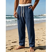 preiswerte Vakantie-Men's Linen Pants Trousers Summer Pants Beach Pants Drawstring Pocket Elastic Waist Color Block Comfort Breathable Knee Length Daily Outdoor Beach Vacation Fashion Black White Inelastic