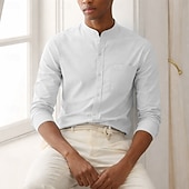 baratos Camisas masculinas de negócios-Homens Camisa Social Saia camisa de botão Tecido Casual Diário Azul Claro Preto Branco Verde Escuro Manga Longa colarinho do vovô Primavera Outono Roupa