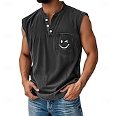 cheap Tank Tops-Men's 100% Cotton Acid Wash Shirt Sleeveless Shirt Sleeveless Henley Summer Solid Color Smile Face Casual Garment Dyed Faded Vintage Washed Daily Streetwear Blue Black Green Top Tee for Men