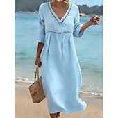 cheap Plain Dress-Women's Long Dress Maxi Dress Sundress Elegant Vacation Beach Holiday Loose Fit Solid Color Half Sleeve V Neck Light Blue Denim Blue turmeric off white Summer Spring