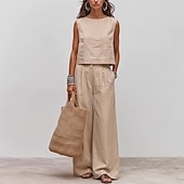 preiswerte Sets-Damen Baumwoll-Leinen-Sets Ärmellos Rundhals Einfach Marineblau Kaki Militßrgrün Sommer Lässiger Schnitt