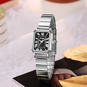 cheap Quartz Watches-Women's Rectangular Watch, Vintage Silver Stainless Steel Expansion Band Watch with Black Roman Numeral Dial, Elegant Ladies Stretch Bracelet Wristwatch, Retro Fashion Jewelry Gift