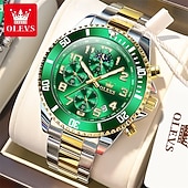 economico Orologi al quarzo-Orologio cronografo da uomo Olevs di lusso con quadrante verde, bicolore in acciaio inossidabile, fasi lunari, impermeabile, luminoso, analogico al quarzo, orologio da polso da uomo con quadrante