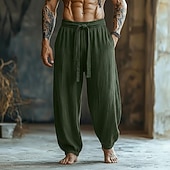 cheap Retro-Men's Linen Pants Trousers Summer Pants Baggy Pants Elastic Cuff Plain Comfort Comfortable Full Length Casual Daily Outdoor Vacation Vintage Army Green Red Inelastic