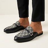 cheap Men's Clogs &amp; Mules-Men's Black and Gray Pattern Mule Loafers Double Monk Strap Slip-On Dress Shoes Fashion Statement Footwear for Stylish Men, Banquets, Parties, Prom and Night Out Wear