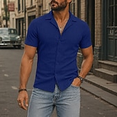 cheap Men's Smart Casual Shirts-Men Shirt Casual Shirt Button Up Shirt Jacquard Shirt Black White Burgundy Navy Blue Apricot Short Sleeve Plain Cuban Collar Casual Daily Front Pocket Clothing Apparel Elegant Fashion Casual
