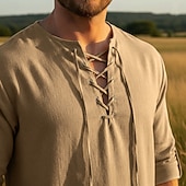 abordables Tapas-Medieval Renacimiento Camisas Sayo Larga Pirata Vikingo Mezcla con algodón y lino. Disfraz Hombre Vikingo Pirata Víspera de Todos los Santos Carnaval Rendimiento LARP Feria Ren Adulto Camisas