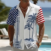  Men's 4th of July U.S. 250th Anniversary Guitar American Flag Shirt Summer Shirt Tropical Shirts Short Sleeve Patriotic Vacation Holiday Summer Spring Turndown 3D Print Button Up Shirts Blue Dark