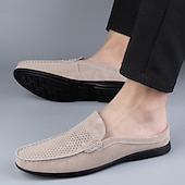 baratos Socas e Mules para Homem-Mocassins masculinos bege perfurados, modelo slip-on, leves e confortáveis, ideais para uso diário, viagens, dirigir e momentos de lazer no verão.