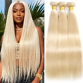 baratos 3 conjuntos de extensões de cabelo natural-Cabelo humano loiro dourado 613#, 3 pacotes de cabelo humano liso, 18, 20 e 20 polegadas