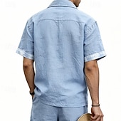 baratos Classic-Men's Shirt Linen Shirt Viking Style Summer Shirt Button Up Shirt Solid Color Casual Vacation Blue Black White Khaki Short Sleeve Turndown Summer Spring Clothing Apparel