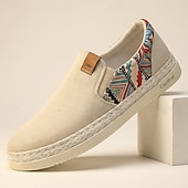 baratos Sapatos Casuais Slip-On-Alpargatas masculinas bege sem cadarço – mocassins casuais respiráveis, calçados leves de verão com estampa étnica para férias, praia, resorts e momentos de lazer.