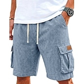 Men's Shorts Linen Shorts Summer Shorts Beach Shorts Drawstring Elastic Waist Multi Pocket Plain Comfort Breathable Knee Length Casual Daily Outdoor Vacation Fashion Blue Khaki Inelastic